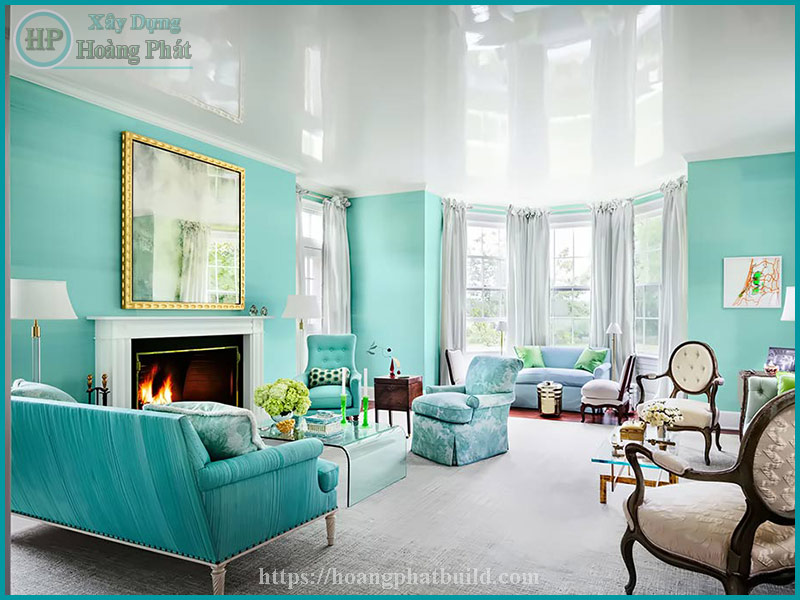 Phối màu sơn phòng khách màu xanh nhạt